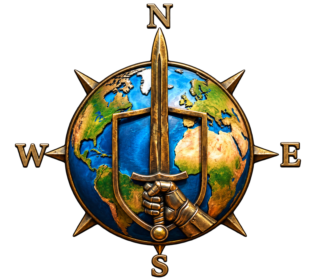 Take Up Arms emblem: an armored hand holding a sword over a globe and compass